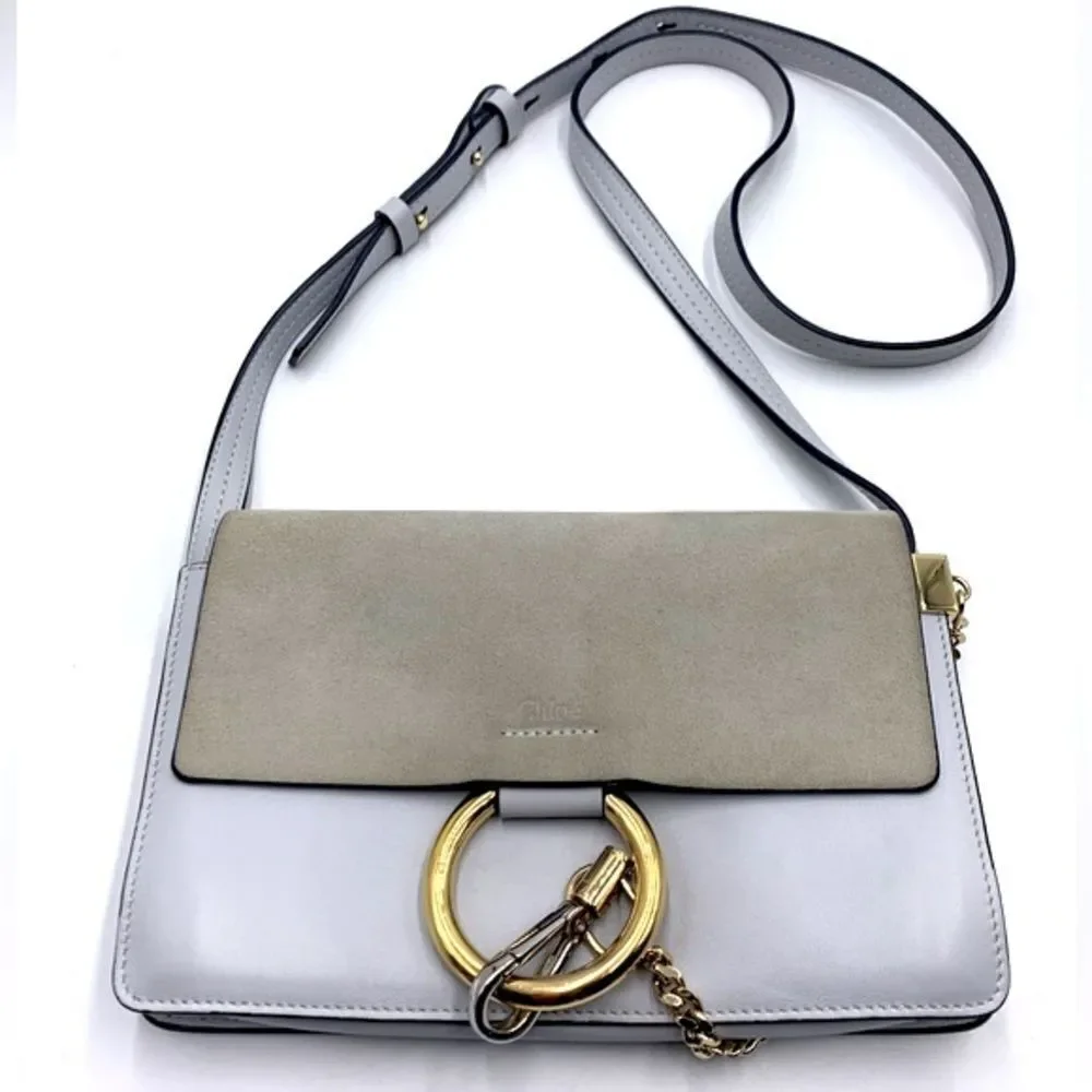 Auth CHLOE Small Faye Crossbody Bag Powder Blue Leather Putty Suede Very Good
